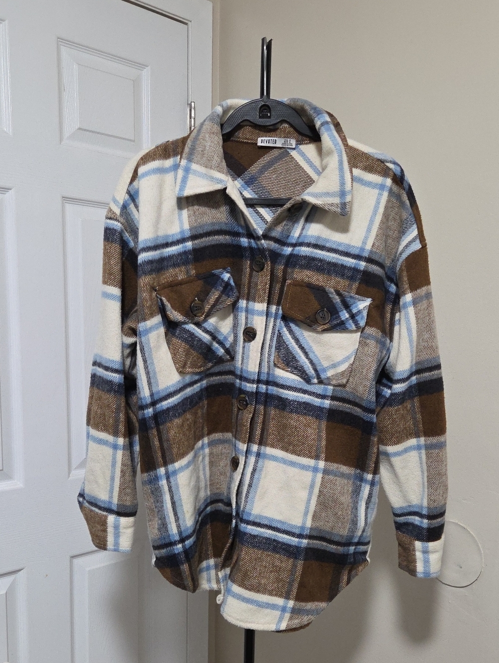 Devoted Women’s Plaid Shacket in Brown, Cream & Blue